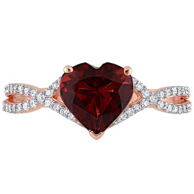 8.0mm Heart-Shaped Garnet and 0.20 CT. T.W. Diamond Twist Split Shank Ring in 14K Rose Gold