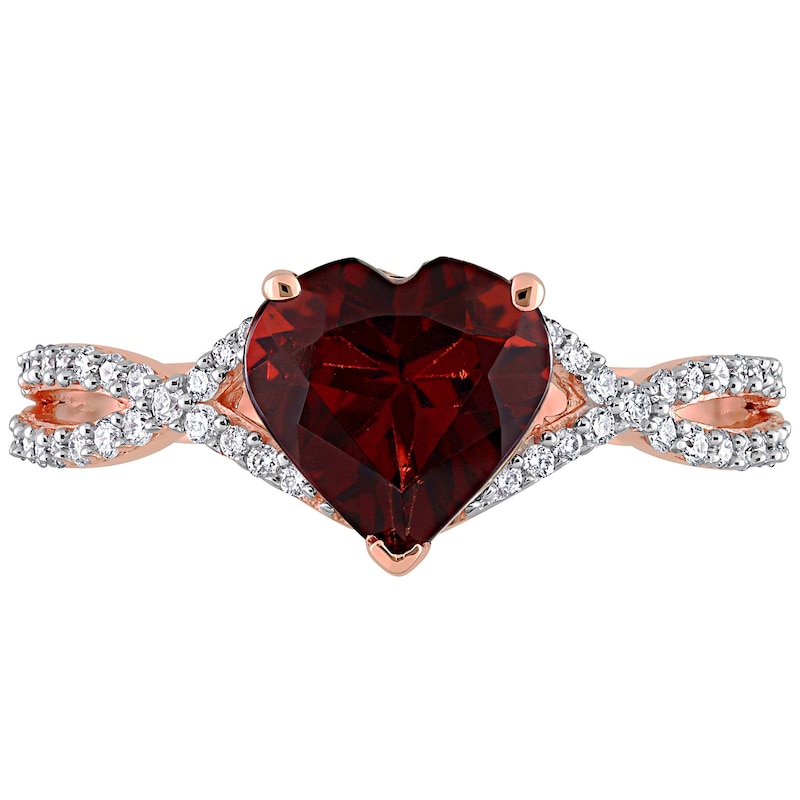 8.0mm Heart-Shaped Garnet and 0.20 CT. T.W. Diamond Twist Split Shank Ring in 14K Rose Gold