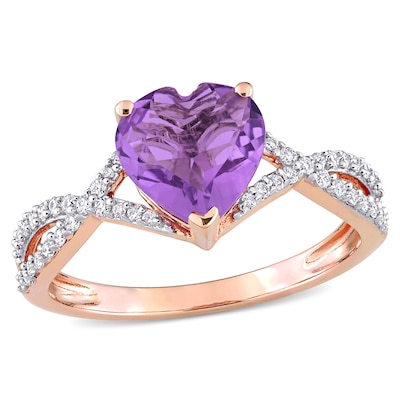 8.0mm Heart-Shaped Amethyst and 0.20 CT. T.W. Diamond Twist Split Shank Ring in 14K Rose Gold