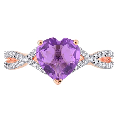 8.0mm Heart-Shaped Amethyst and 0.20 CT. T.W. Diamond Twist Split Shank Ring in 14K Rose Gold