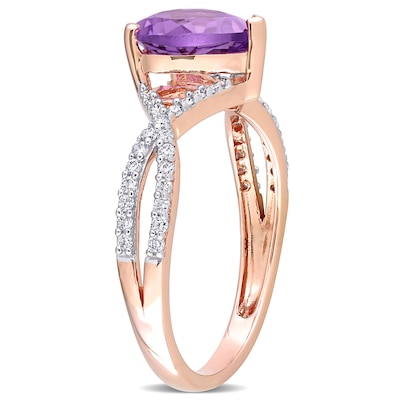 8.0mm Heart-Shaped Amethyst and 0.20 CT. T.W. Diamond Twist Split Shank Ring in 14K Rose Gold