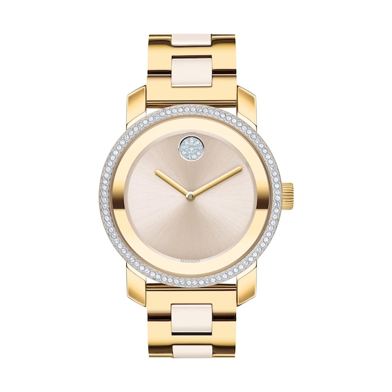 Ladies' Movado Bold® Ceramic Crystal Accent Gold-Tone IP Watch with Champagne Dial (Model: 3600785)