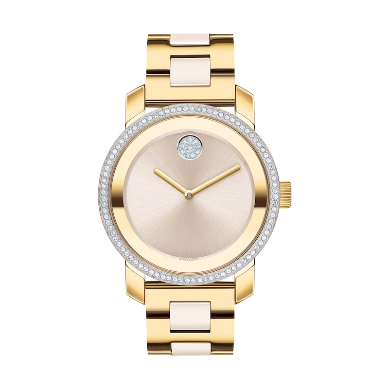 Ladies' Movado Bold® Ceramic Crystal Accent Gold-Tone IP Watch with Champagne Dial (Model: 3600785)|Peoples Jewellers