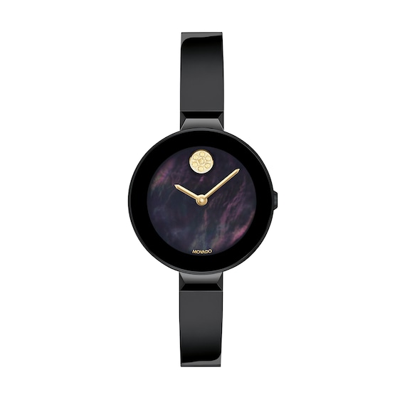 Ladies' Movado Bold® Bangle Champagne Crystal Accent Black IP Watch with Black Mother-of Pearl Dial (Model: 3600775)