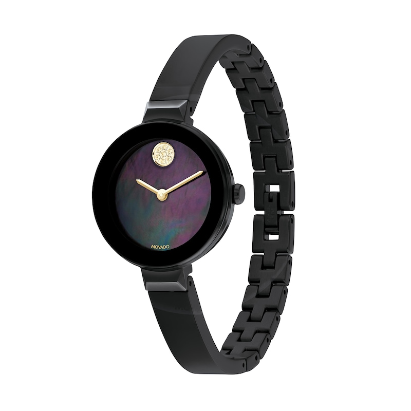 Ladies' Movado Bold® Bangle Champagne Crystal Accent Black IP Watch with Black Mother-of Pearl Dial (Model: 3600775)