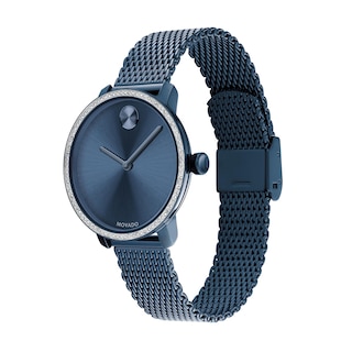 Ladies' Movado Bold® Shimmer Crystal Accent Blue IP Mesh Watch with a Blue Dial (Model: 3600780)