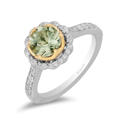 Enchanted Disney Tiana 7.0mm Green Quartz and 0.29 CT. T.W. Diamond Scallop Frame Engagement Ring in 14K Two-Tone Gold