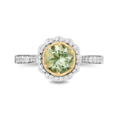 Enchanted Disney Tiana 7.0mm Green Quartz and 0.29 CT. T.W. Diamond Scallop Frame Engagement Ring in 14K Two-Tone Gold