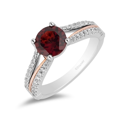 Enchanted Disney Snow White 7.0mm Garnet and 0.23 CT. T.W. Diamond Split Shank Engagement Ring in 14K Two-Tone Gold