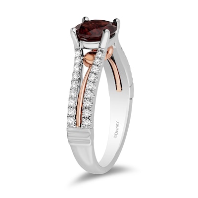 Enchanted Disney Snow White 7.0mm Garnet and 0.23 CT. T.W. Diamond Split Shank Engagement Ring in 14K Two-Tone Gold