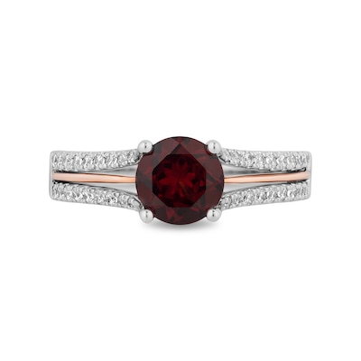 Enchanted Disney Snow White 7.0mm Garnet and 0.23 CT. T.W. Diamond Split Shank Engagement Ring in 14K Two-Tone Gold