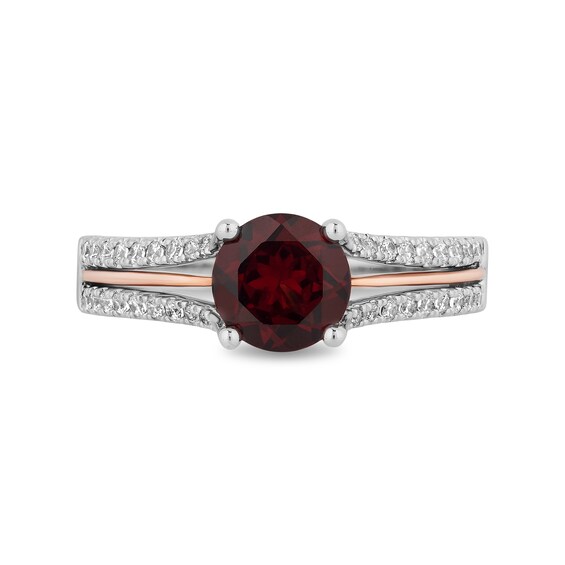 Enchanted Disney Snow White 7.0mm Garnet and 0.23 CT. T.W. Diamond Split Shank Engagement Ring in 14K Two-Tone Gold