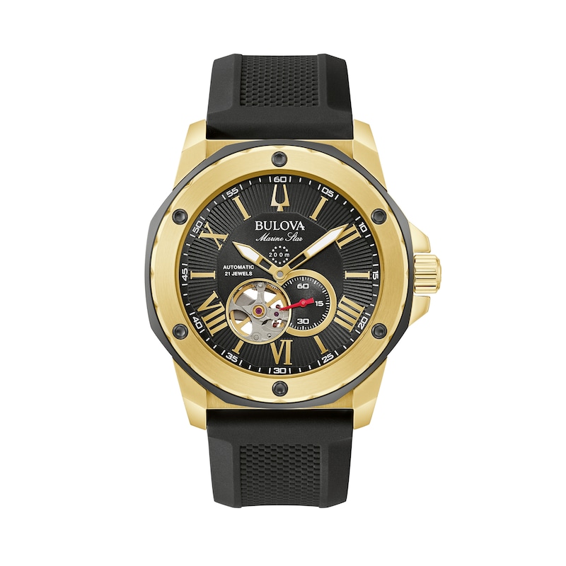 Men's Bulova Marine Star Gold-Tone Automatic Strap Watch with Black Skeleton Dial (Model: 98A272)|Peoples Jewellers