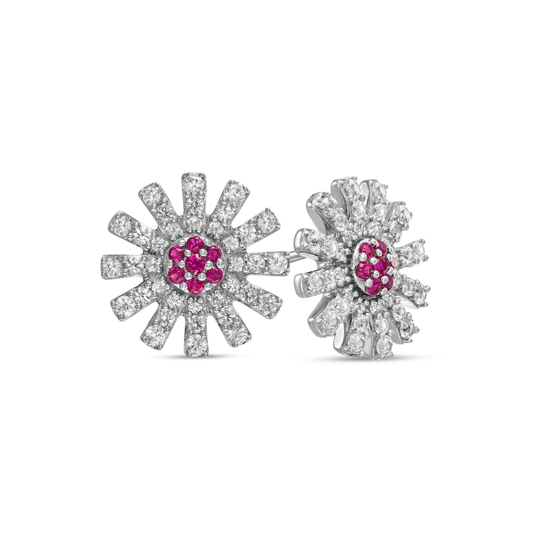 Lab-Created Ruby and White Lab-Created Sapphire Starburst Stud Earrings in Sterling Silver|Peoples Jewellers