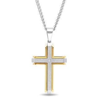 Men's Diamond Accent Multi-Finish Slope-Ends Layered Industrial Cross Pendant in Stainless Steel and Yellow IP - 24"