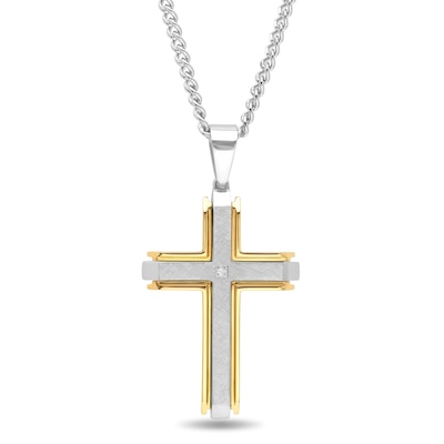 Men's Diamond Accent Multi-Finish Slope-Ends Layered Industrial Cross Pendant in Stainless Steel and Yellow IP - 24"