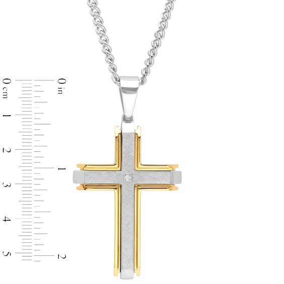 Men's Diamond Accent Multi-Finish Slope-Ends Layered Industrial Cross Pendant in Stainless Steel and Yellow IP - 24"