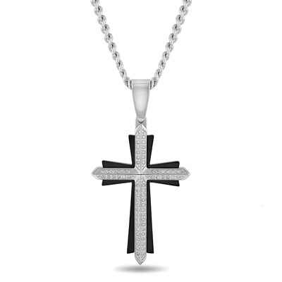 Men's 0.32 CT. T.W. Diamond Knife Edge Layered Gothic-Style Cross Pendant in Stainless Steel and Black IP - 24"