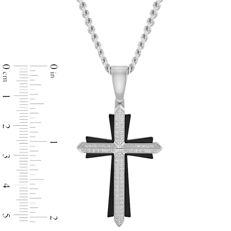 Men's 0.32 CT. T.W. Diamond Knife Edge Layered Gothic-Style Cross Pendant in Stainless Steel and Black IP - 24"