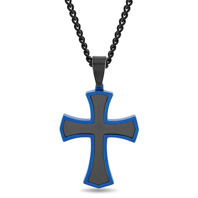 Men's Multi-Finish Inlay Point-Ends Gothic-Style Cross Pendant in Stainless Steel with Black and Blue IP - 24"