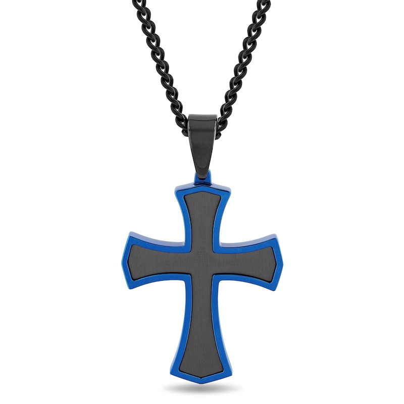 Men's Multi-Finish Inlay Point-Ends Gothic-Style Cross Pendant in Stainless Steel with Black and Blue IP - 24"|Peoples Jewellers