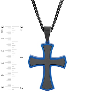 Men's Multi-Finish Inlay Point-Ends Gothic-Style Cross Pendant in Stainless Steel with Black and Blue IP - 24"