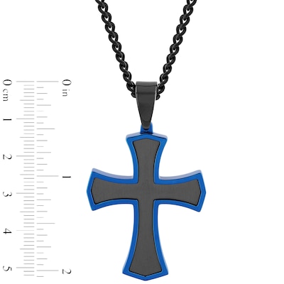 Men's Multi-Finish Inlay Point-Ends Gothic-Style Cross Pendant in Stainless Steel with Black and Blue IP - 24"