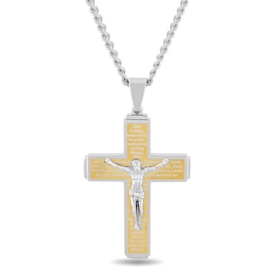 Men's Multi-Finish Step-Ends Lord's Prayer Crucifix Pendant in Stainless Steel and Yellow IP - 24"