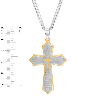 Men's Multi-Finish Point-Ends Lord's Prayer Layered Cross Pendant in Stainless Steel and Yellow IP - 24"