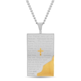 Men's Multi-Finish Bevelled Edge Lord's Prayer Tablet and Cross Dog Tag Pendant in Stainless Steel and Yellow IP - 24&quot;