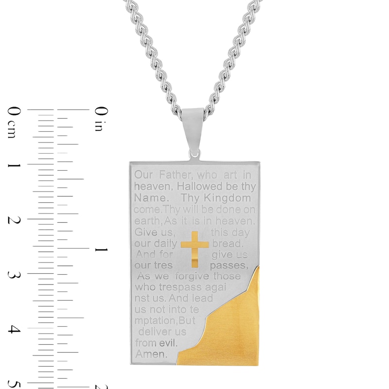 Men's Multi-Finish Bevelled Edge Lord's Prayer Tablet and Cross Dog Tag Pendant in Stainless Steel and Yellow IP - 24"
