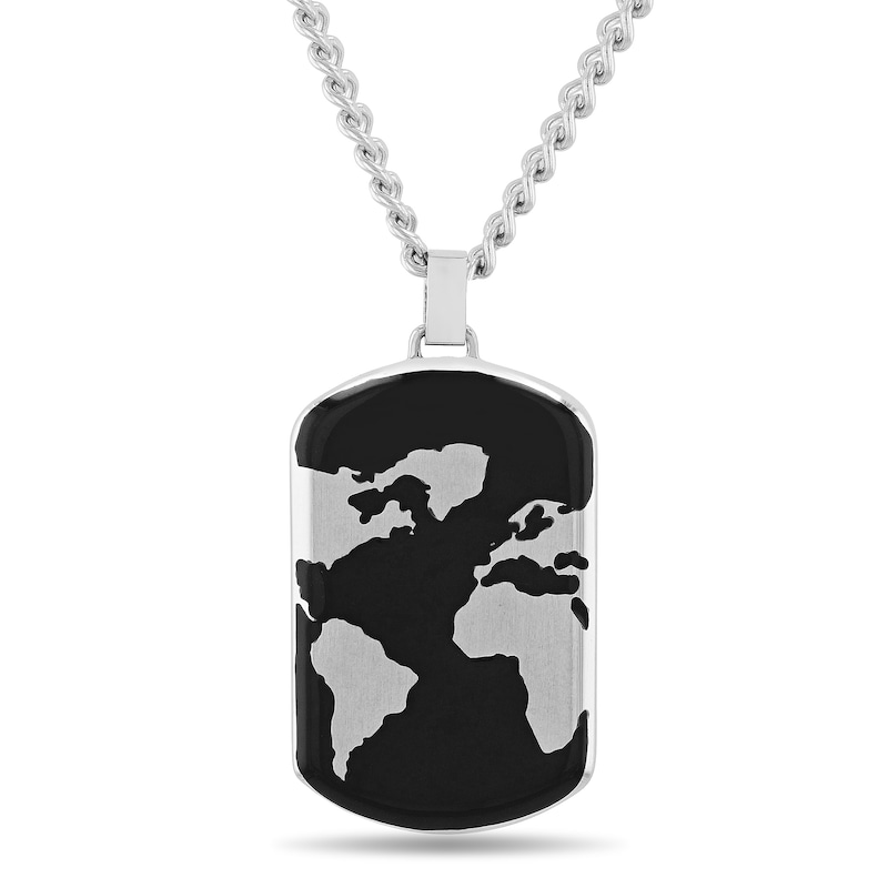 Men's Multi-Finish World Map Dog Tag Pendant in Stainless Steel and Black IP with Black Resin - 24"|Peoples Jewellers