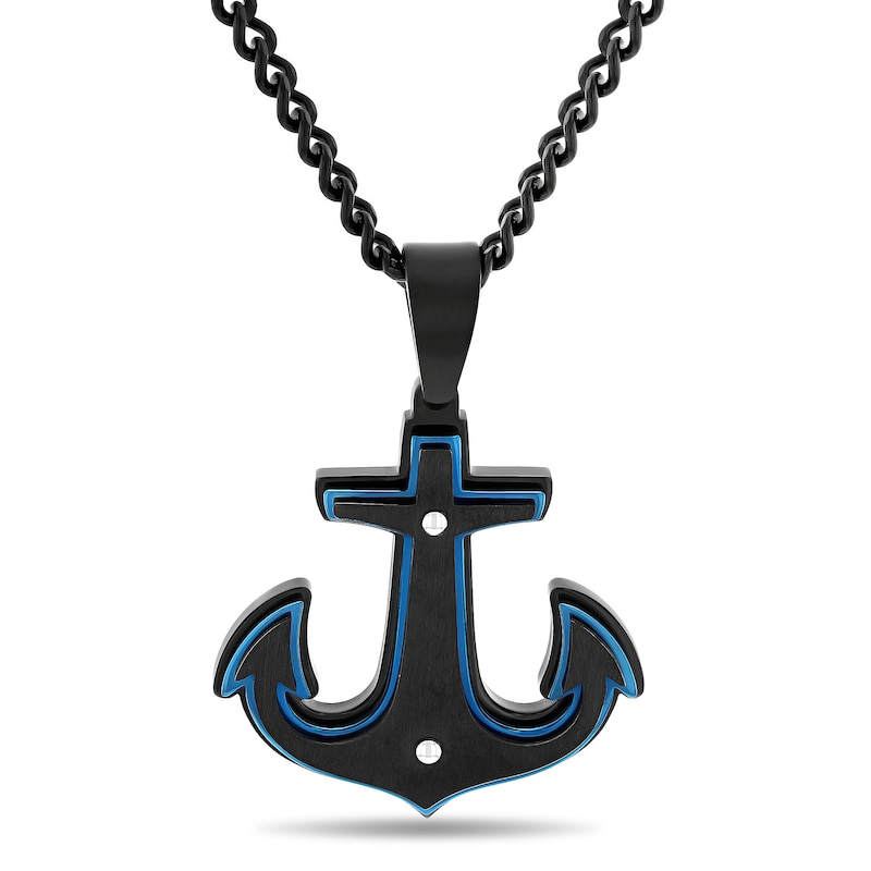 Men's Multi-Finish Riveted Stacked Anchor Pendant in Stainless Steel with Black and Blue IP - 24"|Peoples Jewellers