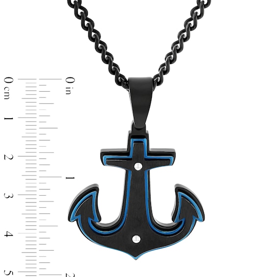 Men's Multi-Finish Riveted Stacked Anchor Pendant in Stainless Steel with Black and Blue IP - 24"