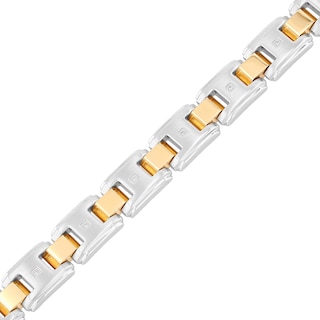 Men's 0.10 CT. T.W. Diamond Multi-Finish Stepped Edge Solid Link Bracelet in Stainless Steel and Yellow IP - 8.5"