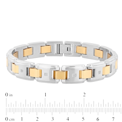 Men's 0.10 CT. T.W. Diamond Multi-Finish Stepped Edge Solid Link Bracelet in Stainless Steel and Yellow IP - 8.5"