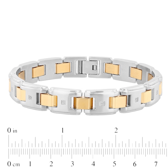 Men's 0.10 CT. T.W. Diamond Multi-Finish Stepped Edge Solid Link Bracelet in Stainless Steel and Yellow IP - 8.5"