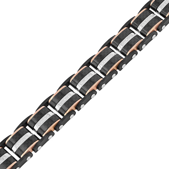 Men's 0.31 CT. T.W. Diamond Riveted Multi-Row Link Bracelet in Stainless Steel with Black and Rose IP - 8.5"