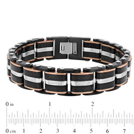 Men's 0.31 CT. T.W. Diamond Riveted Multi-Row Link Bracelet in Stainless Steel with Black and Rose IP - 8.5"