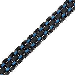 Men's 17.0mm Riveted Multi-Row Brick Pattern Link Bracelet in Stainless Steel with Black and Blue IP - 8.75&quot;