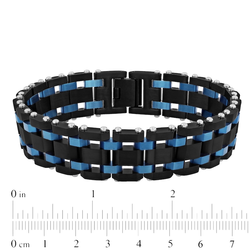 Men's 17.0mm Riveted Multi-Row Brick Pattern Link Bracelet in Stainless Steel with Black and Blue IP - 8.75"