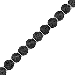 Men's 10.0mm Black Lava and Disc Bead with Skull and Crossbones Bracelet in Stainless Steel and Gunmetal Grey IP - 8.5&quot;