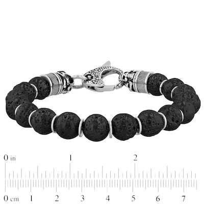 Men's 10.0mm Black Lava and Disc Bead with Skull and Crossbones Bracelet in Stainless Steel and Gunmetal Grey IP - 8.5"