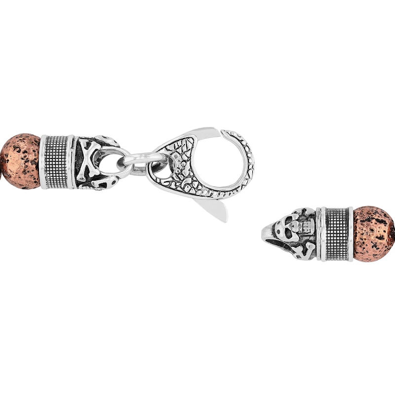 Men's 10.0mm Rose Lava Bead with Skull and Crossbones Bracelet in Stainless Steel with Gunmetal Grey and Rose IP - 8.5"