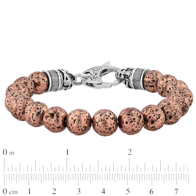 Men's 10.0mm Rose Lava Bead with Skull and Crossbones Bracelet in Stainless Steel with Gunmetal Grey and Rose IP - 8.5"