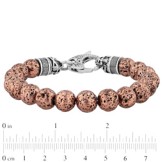 Men's 10.0mm Rose Lava Bead with Skull and Crossbones Bracelet in Stainless Steel with Gunmetal Grey and Rose IP - 8.5"