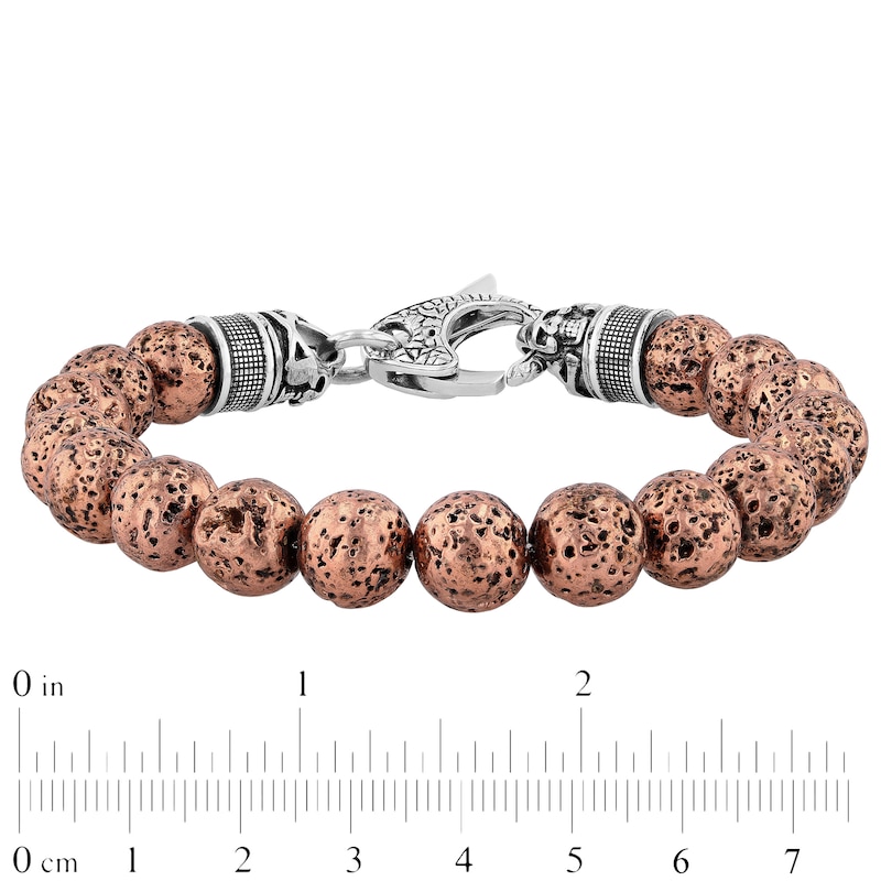 Men's 10.0mm Rose Lava Bead with Skull and Crossbones Bracelet in Stainless Steel with Gunmetal Grey and Rose IP - 8.5"|Peoples Jewellers