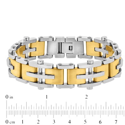 Men's 15.0mm Multi-Finish Riveted Mirrored Link Bracelet in Stainless Steel and Yellow IP - 8.5"