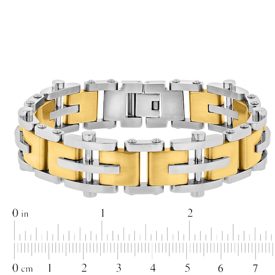 Men's 15.0mm Multi-Finish Riveted Mirrored Link Bracelet in Stainless Steel and Yellow IP - 8.5"