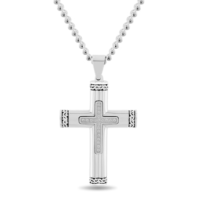 Men's 0.10 CT. T.W. Diamond Multi-Finish Crown of Thorns-Ends Cross Pendant in Stainless Steel and Black IP - 24"